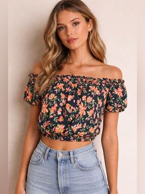 Free People One Suki Off-Shoulder Pink/Green floral BOHO top M